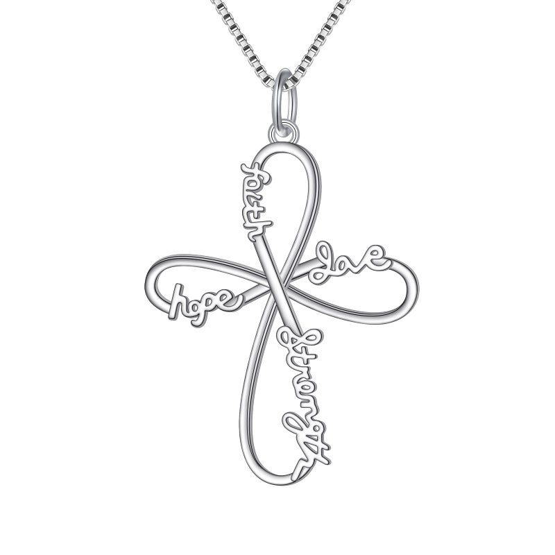 Yearace Cross Necklace 925 Sterling Silver Infinity Faith Hope Love Strength Loop Cross Pendant Necklace Christian for Women, 18 inch - Image 1